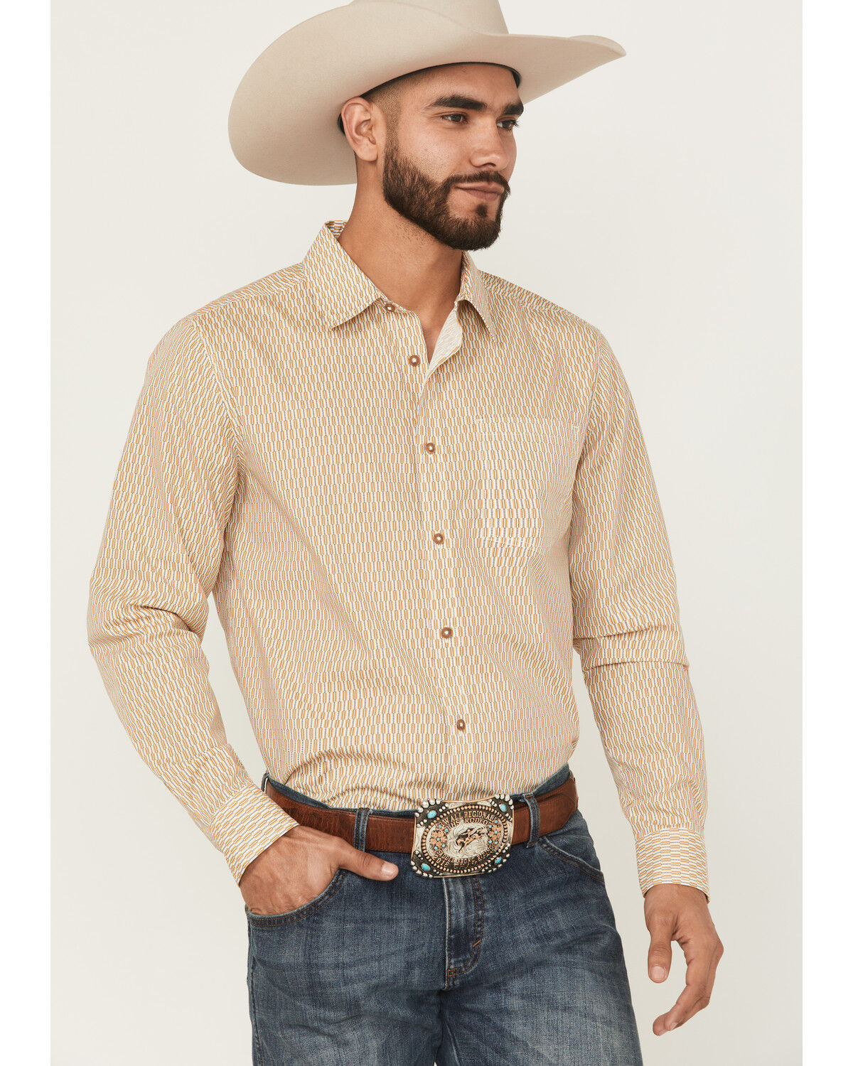 Image #1 - Gibson Trading Co Men's Lampshade Geo Print Long Sleeve Button-Down Stretch Western Shirt - Big, Gold, hi-res
