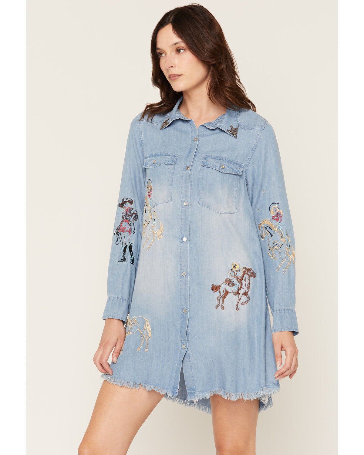 Blue B Women's Medium Wash Western Print Denim Shirt Mini Dress, Medium Wash, hi-res