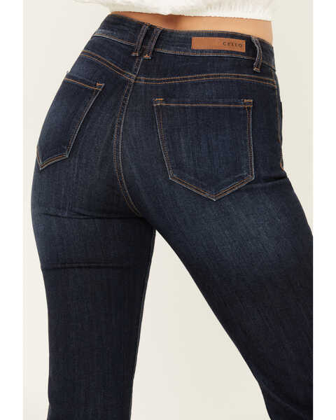 Image #4 - Cello Women's Dark Wash Exposed Button High Rise Flare Jeans, Blue, hi-res