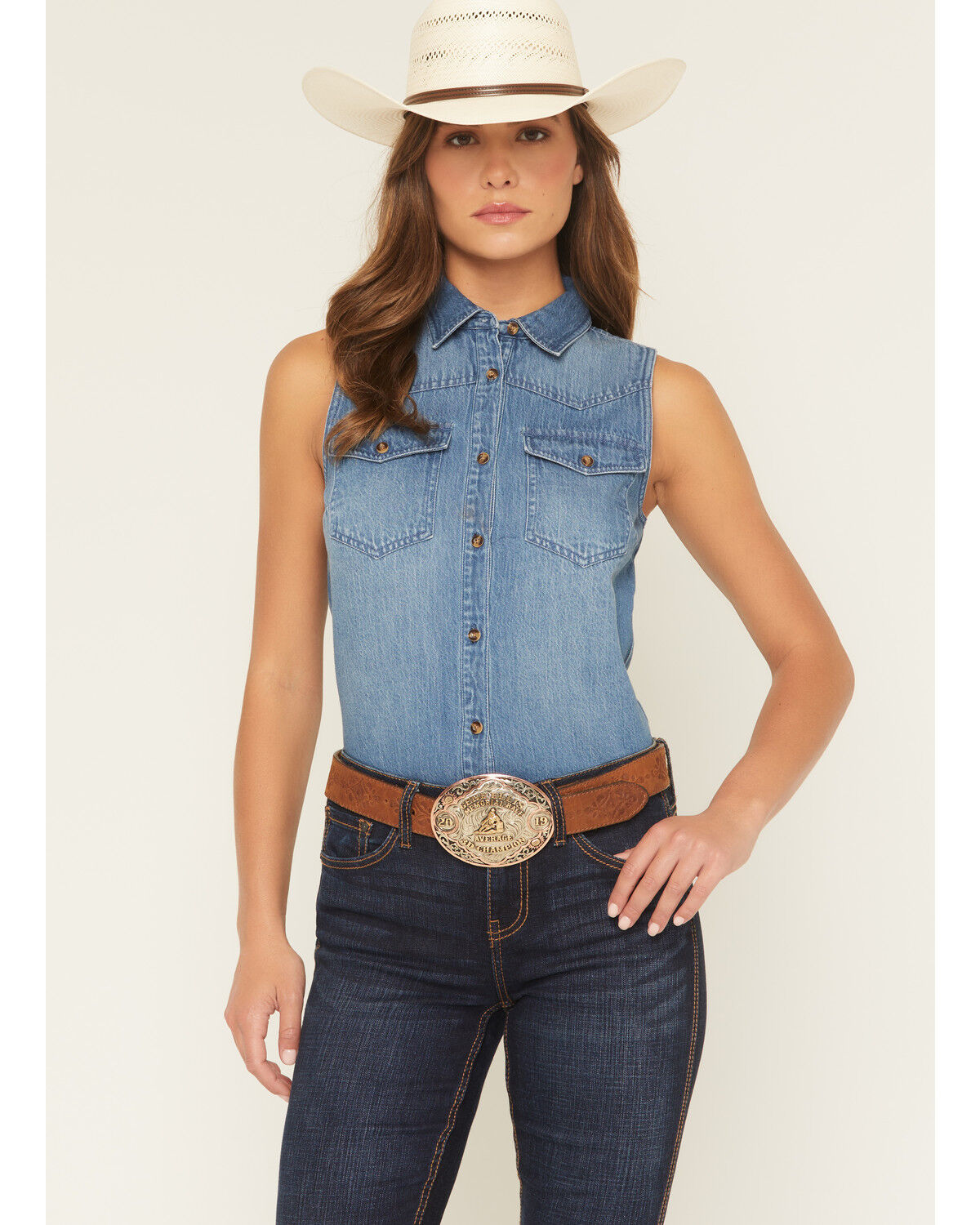 Image #1 - Shyanne Women's Medium Wash Sleeveless Button-Down Denim Shirt, Indigo, hi-res