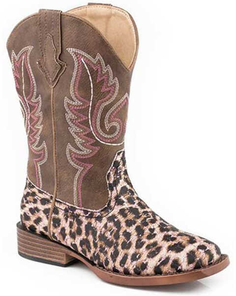 Image #1 - Roper Girls' Glitter Leopard Western Boots - Square Toe, Brown, hi-res