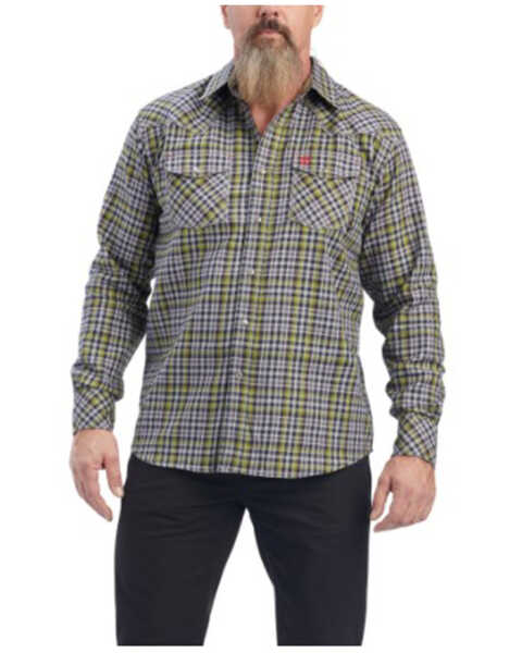 Ariat Men's FR Landry Retro Plaid Long Sleeve Snap Work Shirt , Green, hi-res