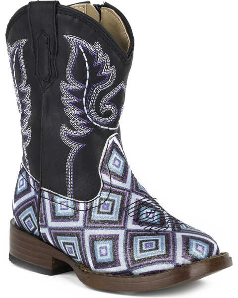 Image #1 - Roper Toddler Girls' Glitter Diamonds Western Boots - Square Toe , Black, hi-res