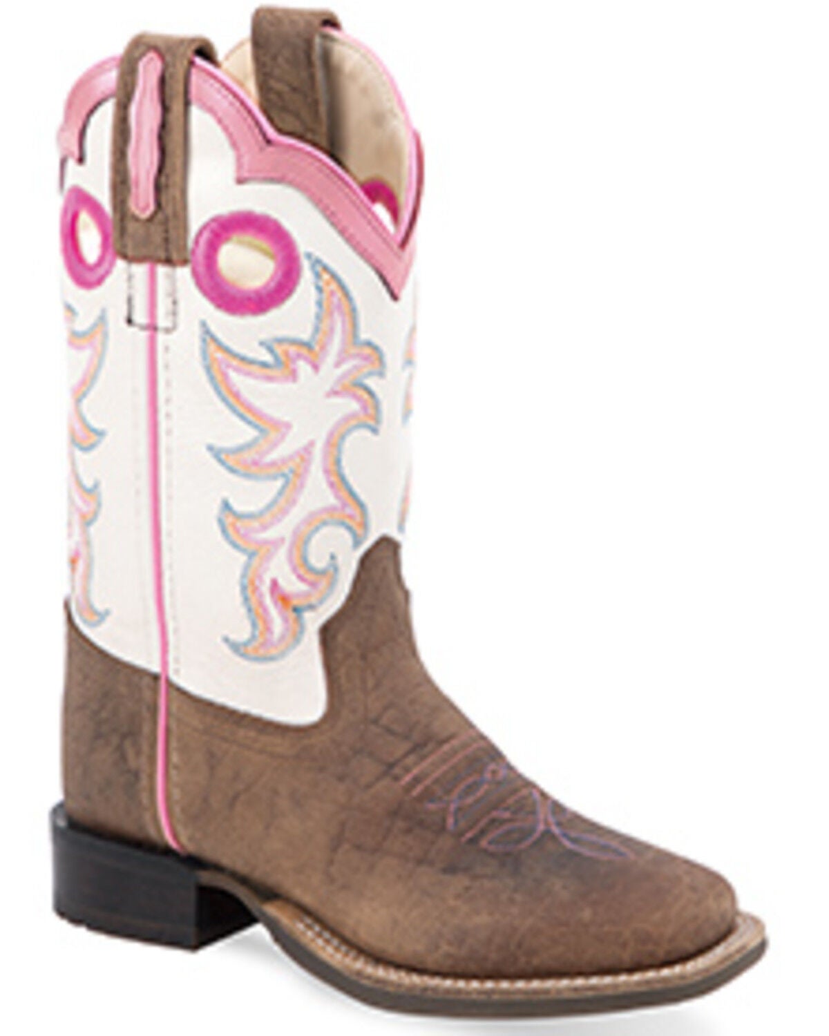 Old West Little Girls' Western Boots - Broad Square Toe, White, hi-res