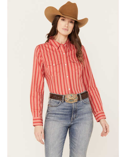 Image #1 - Wrangler Women's Striped Long Sleeve Western Pearl Snap Shirt, Red, hi-res