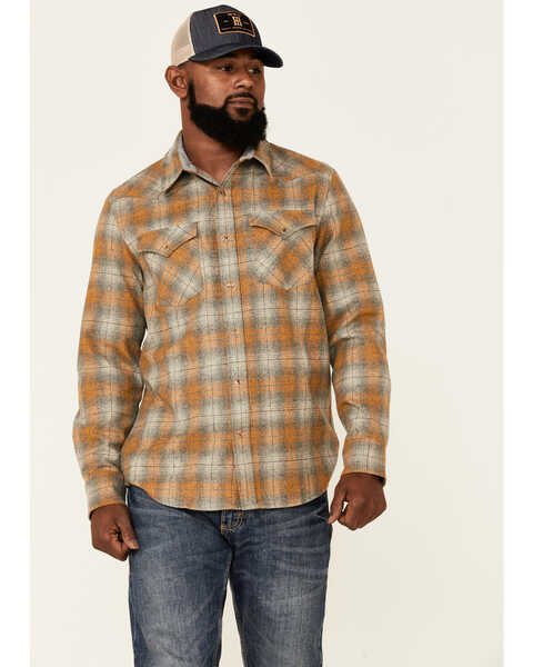 Pendleton Men's Gray & Yellow Canyon Large Plaid Long Sleeve Snap Western Flannel Shirt , Grey, hi-res