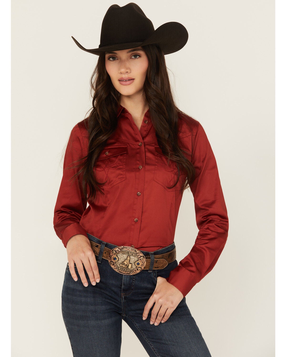 Shyanne Women's Solid Long Sleeve Button-Down Stretch Riding Shirt, Chilli, hi-res