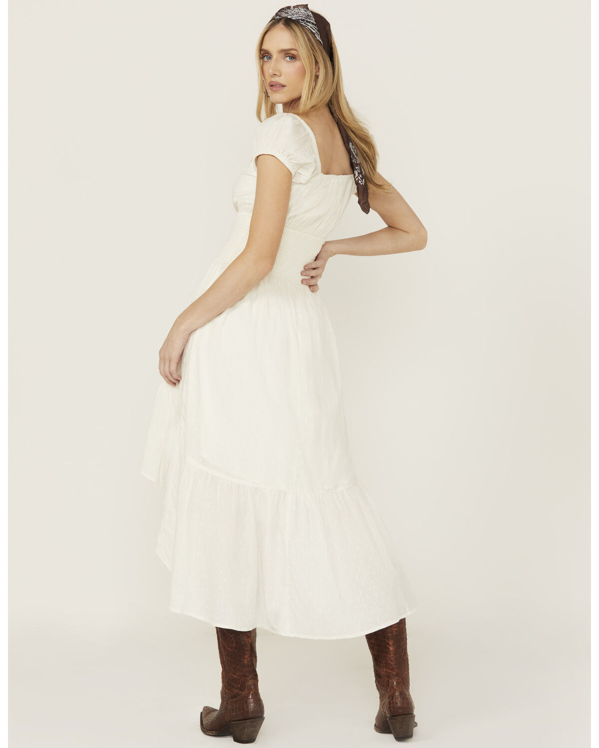 Image #4 - Shyanne Women's Solid Twist Front Short Sleeve High-Low Dress, Cream, hi-res