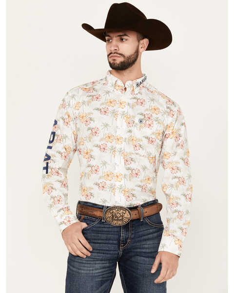 Image #1 - Ariat Men's Team Charlie Floral Print Logo Long Sleeve Button-Down Western Shirt - Tall , Natural, hi-res