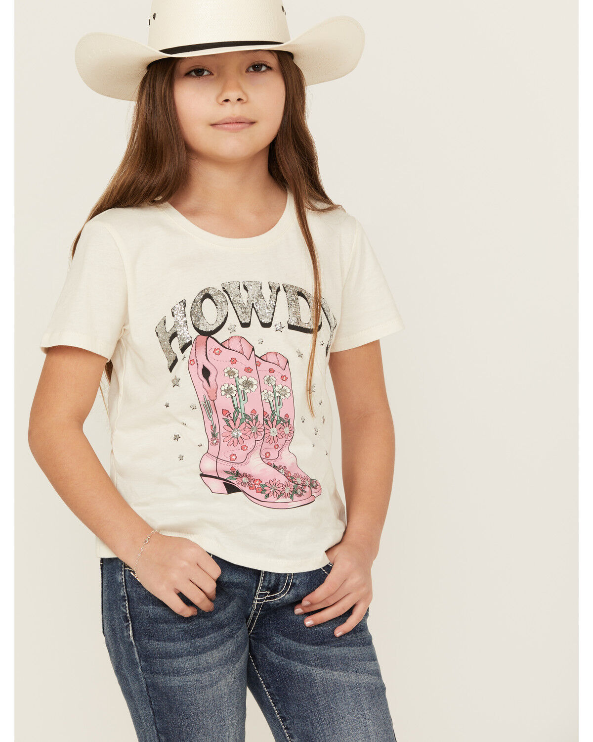 Image #1 - Self Esteem Girls' Howdy Sequin Short Sleeve Graphic Tee, Oatmeal, hi-res