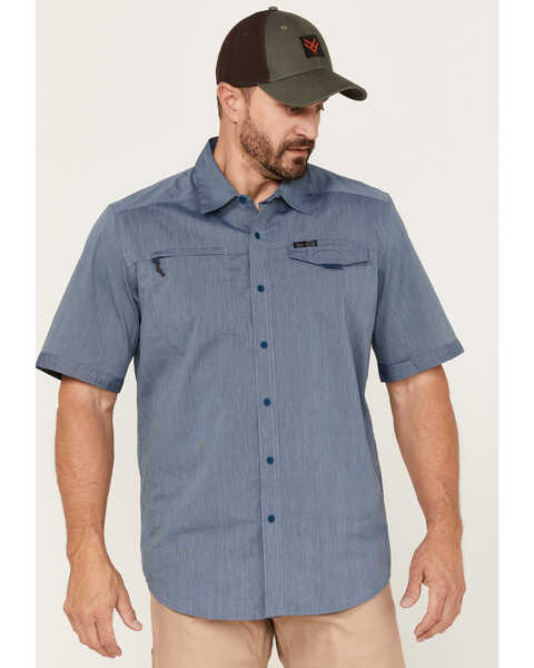 Wrangler ATG Men's All-Terrain Gibralter Sea Asymetric Pocket Short Sleeve Button-Down Western Shirt , Blue, hi-res