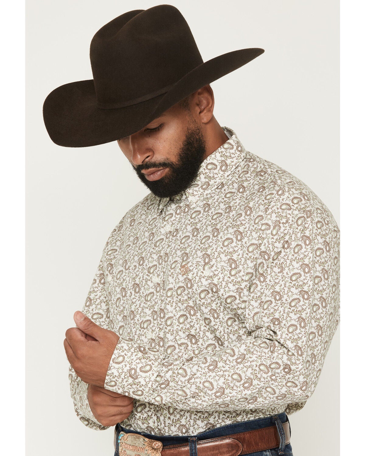 Image #2 - George Strait by Wrangler Men's Paisley Print Long Sleeve Button-Down Stretch Western Shirt, Brown, hi-res