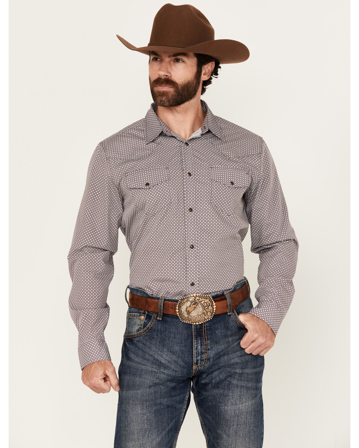 Image #1 - Gibson Trading Co Men's Star Struck Geo Print Long Sleeve Snap Western Shirt, Burgundy, hi-res