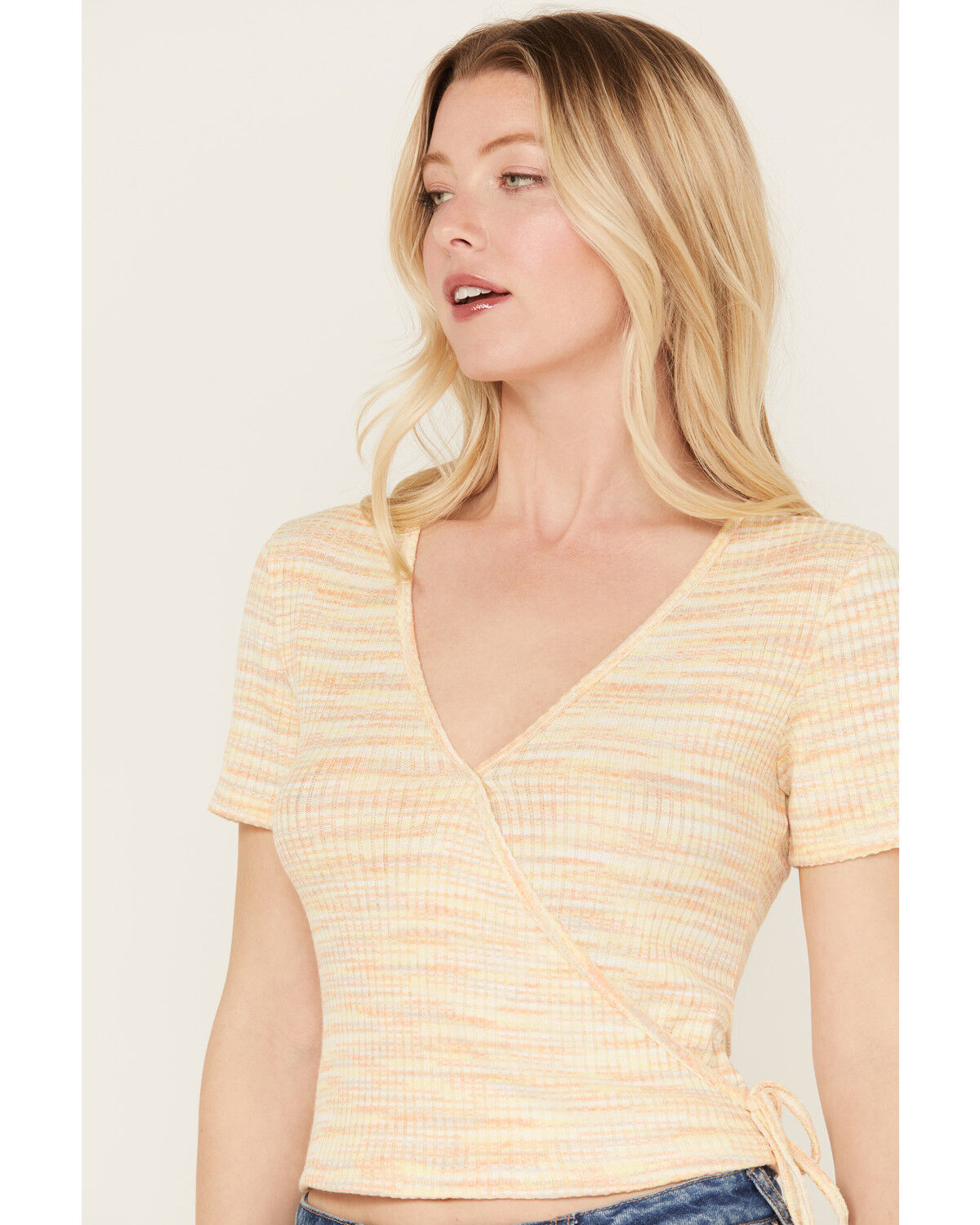 Image #2 - Wild Moss Women's Space Dye Faux Wrap Top, Yellow, hi-res