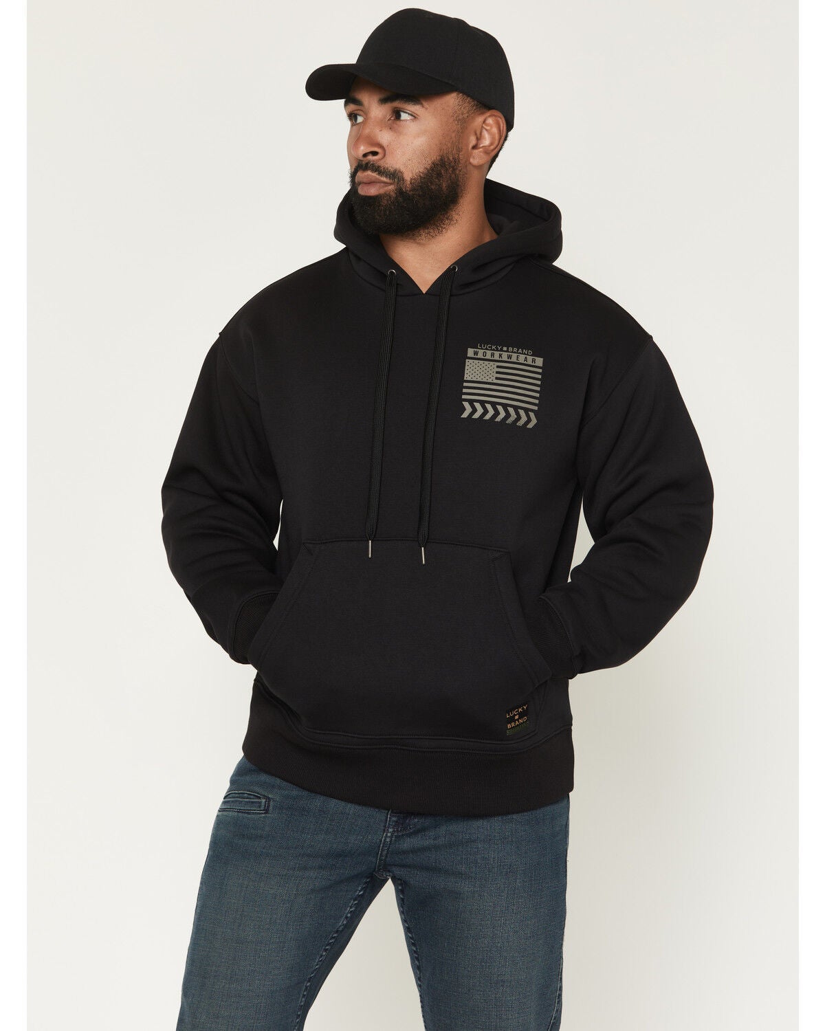 Image #2 - Lucky Brand Workwear Men's Flag Tracks Pullover Hooded Sweatshirt, Black, hi-res