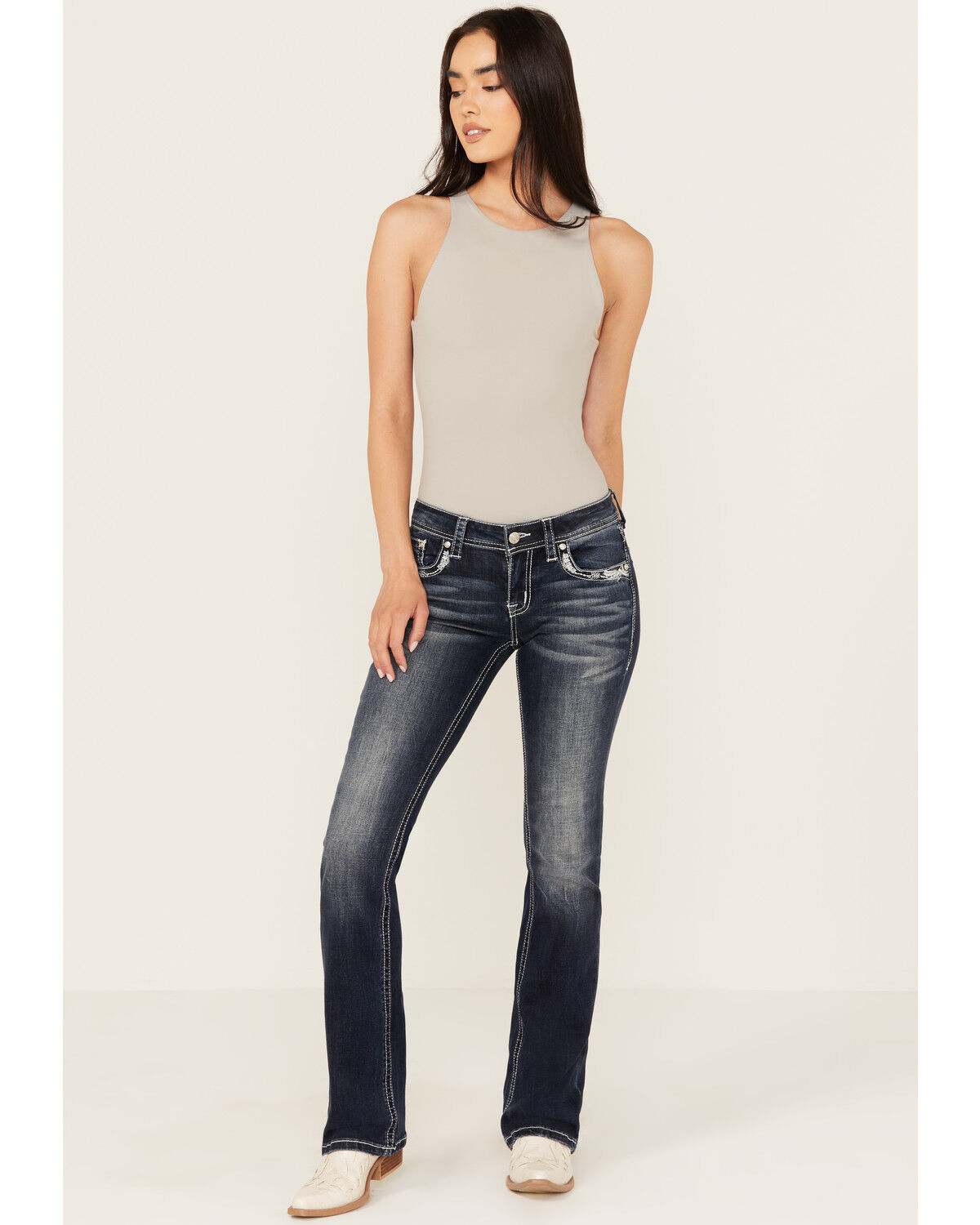 Image #3 - Grace in LA Women's Medium Wash Low Rise Floral Embroidered Pocket Stretch Bootcut Jeans, , hi-res