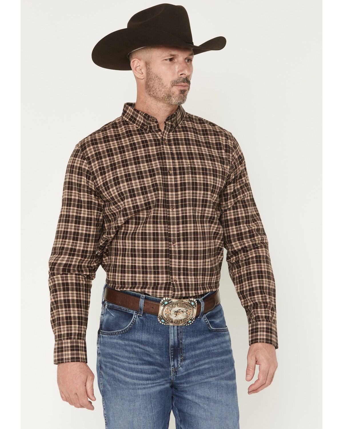 Cody James Men's Whiskey Ranch Plaid Print Long Sleeve Button-Down Stretch Western Shirt, Brown, hi-res