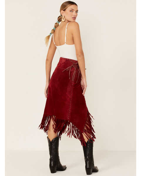 Scully Women's Suede Leather Fringe Skirt, Red, hi-res