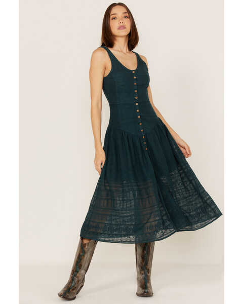 Shyanne Women's Drop Waist Lace Button Front Maxi Dress , Deep Teal, hi-res