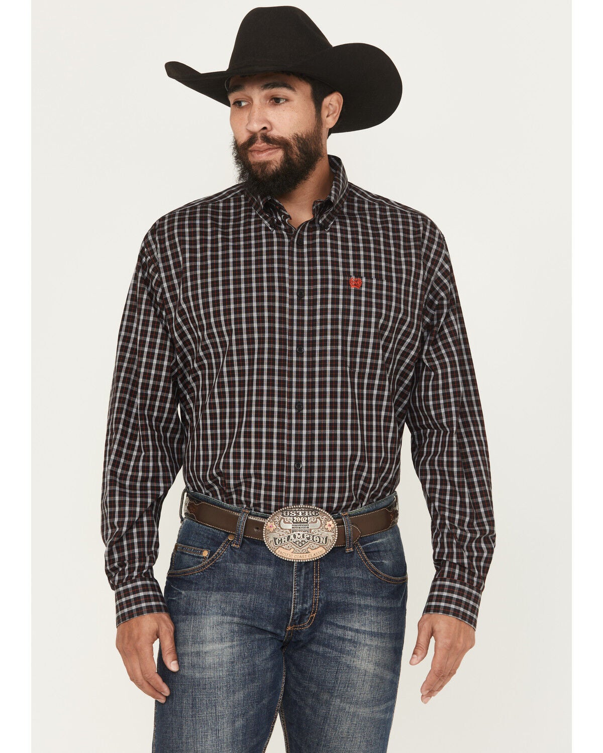 Cinch Men's Plaid Print Long Sleeve Button-Down Stretch Western Shirt, Black, hi-res