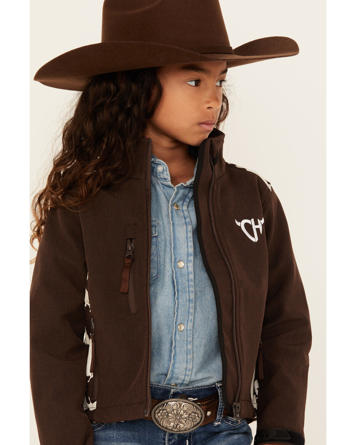 Image #2 - Cowgirl Hardware Girls Cow Print Softshell Jacket, Chocolate, hi-res