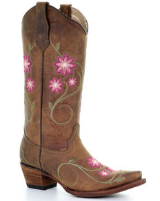 Circle G Women's Floral Embroidery Western Boots - Snip Toe, Tan, hi-res