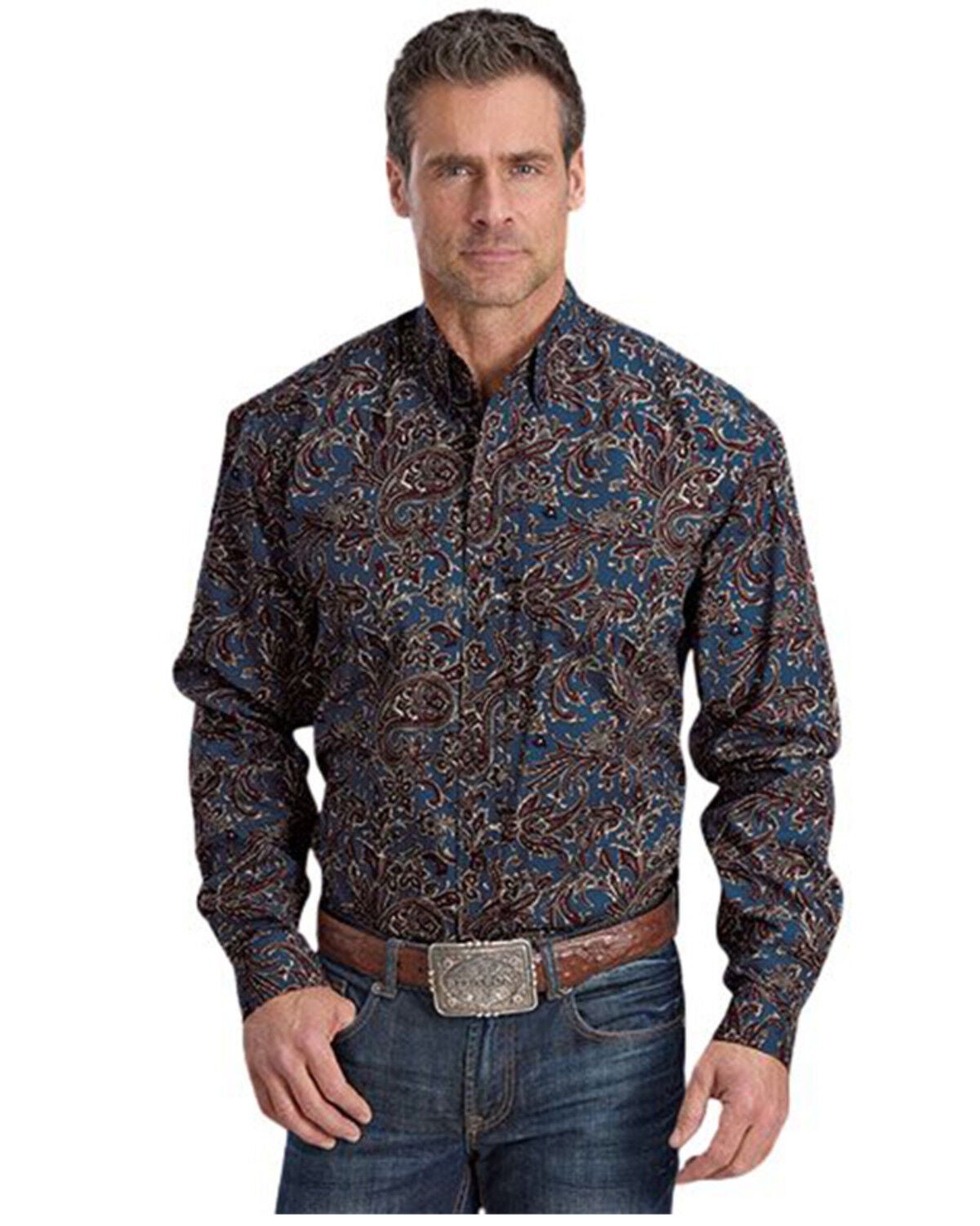 Stetson Men's Paisley Print Long Sleeve Button-Down Western Shirt, Blue, hi-res