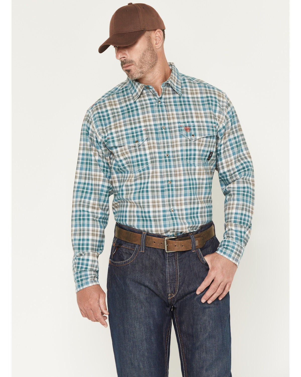 Image #1 - Ariat Men's FR Cobb Plaid Print Long Sleeve Snap Work Shirt, Teal, hi-res