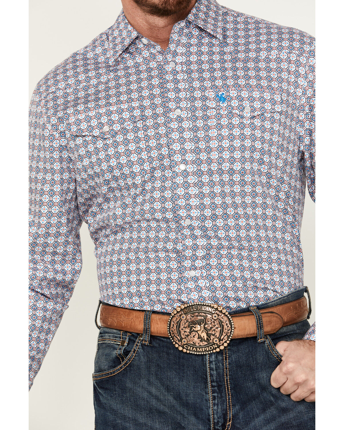 Image #3 - Rodeo Clothing Men's Medallion Print Long Sleeve Pearl Snap Western Shirt, White, hi-res