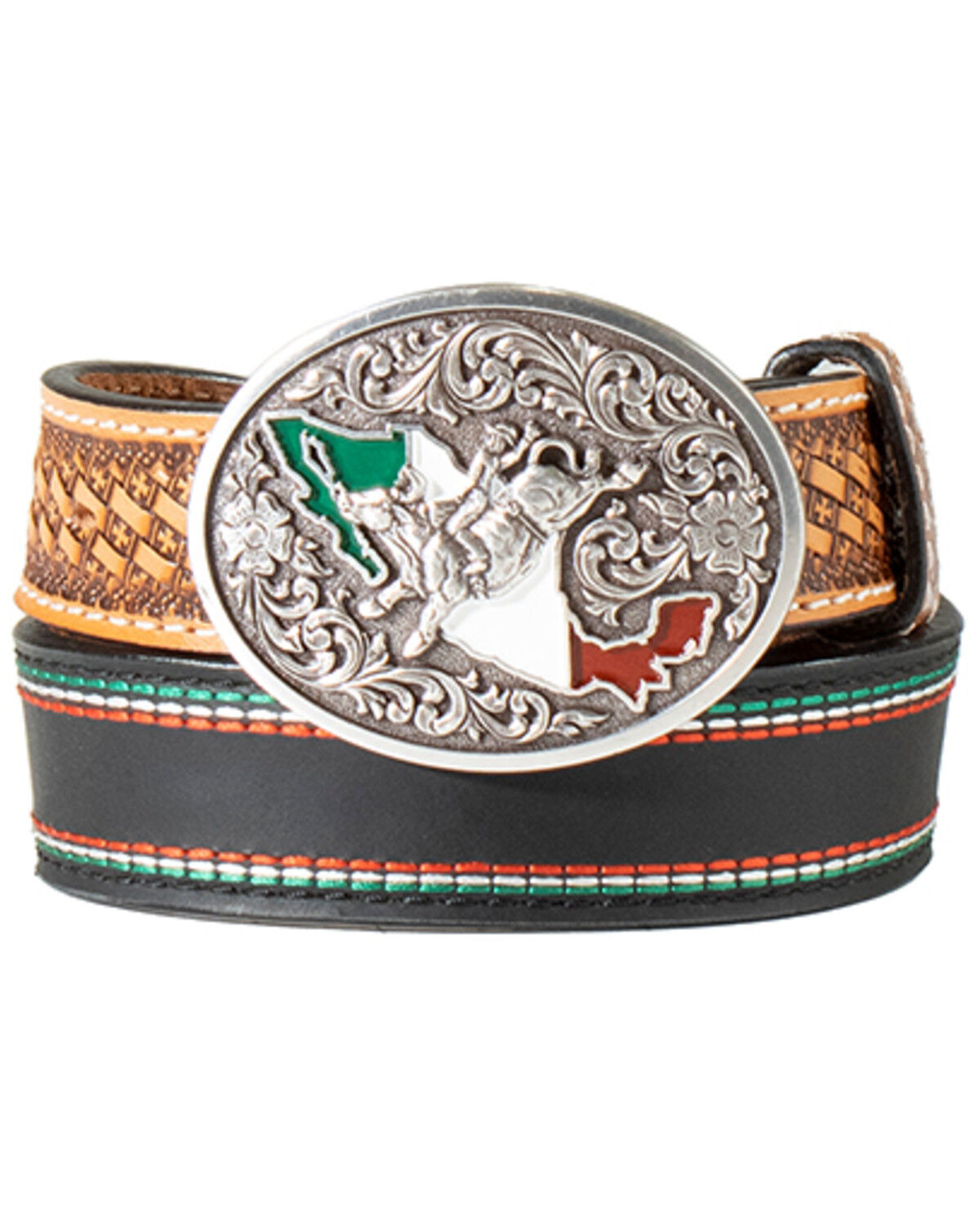 Image #1 - M & F Western Boys' Mexican Flag Tooled Leather Belt, Black, hi-res