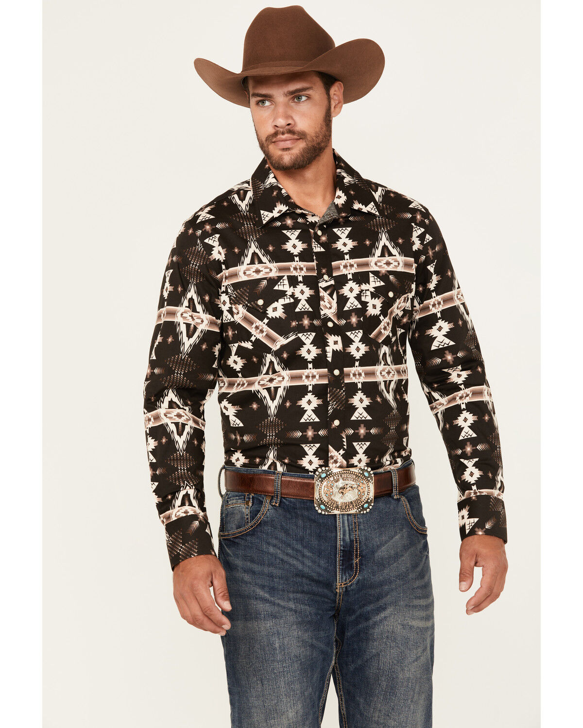 Image #1 - Rock & Roll Denim Men's Southwestern Print Long Sleeve Snap Stretch Western Shirt, Brown, hi-res
