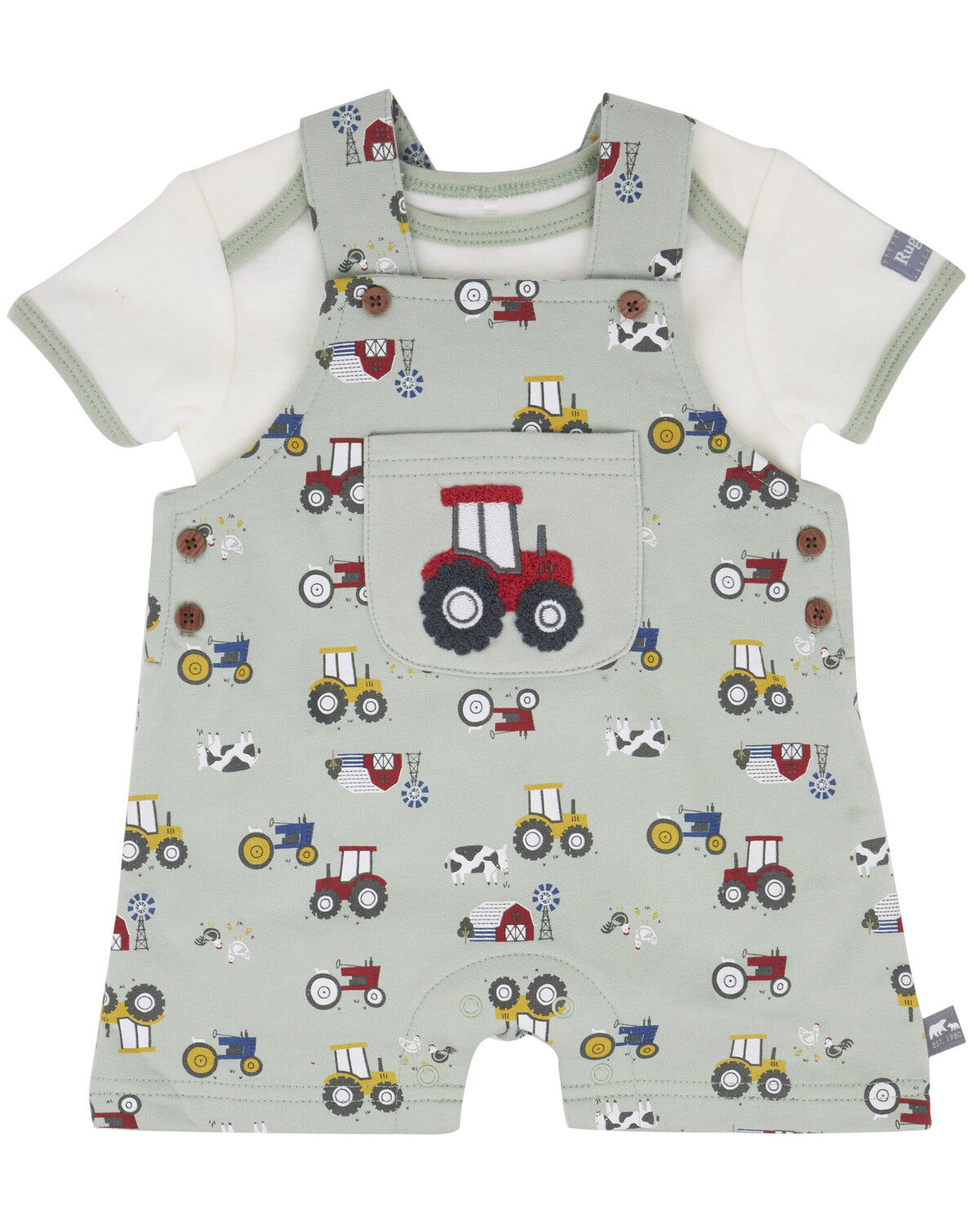 Image #1 - Rugged Bear Infant Boys' Farm Print Shortall Onesie, Green, hi-res