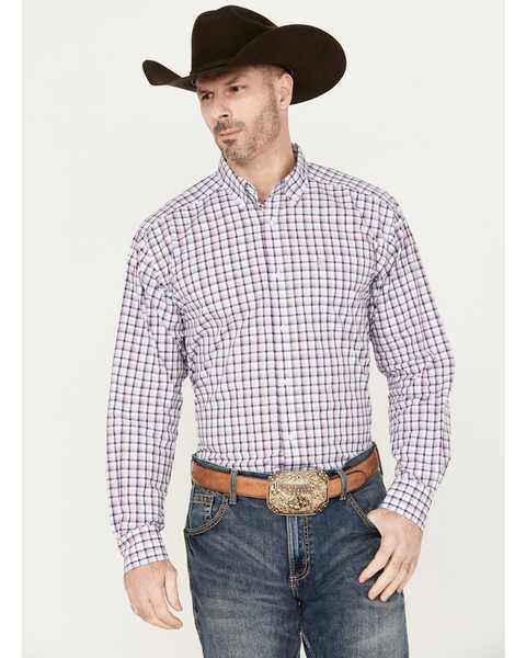 Ariat Men's Meir Plaid Print Classic Fit Long Sleeve Button Down Western Shirt, Purple, hi-res