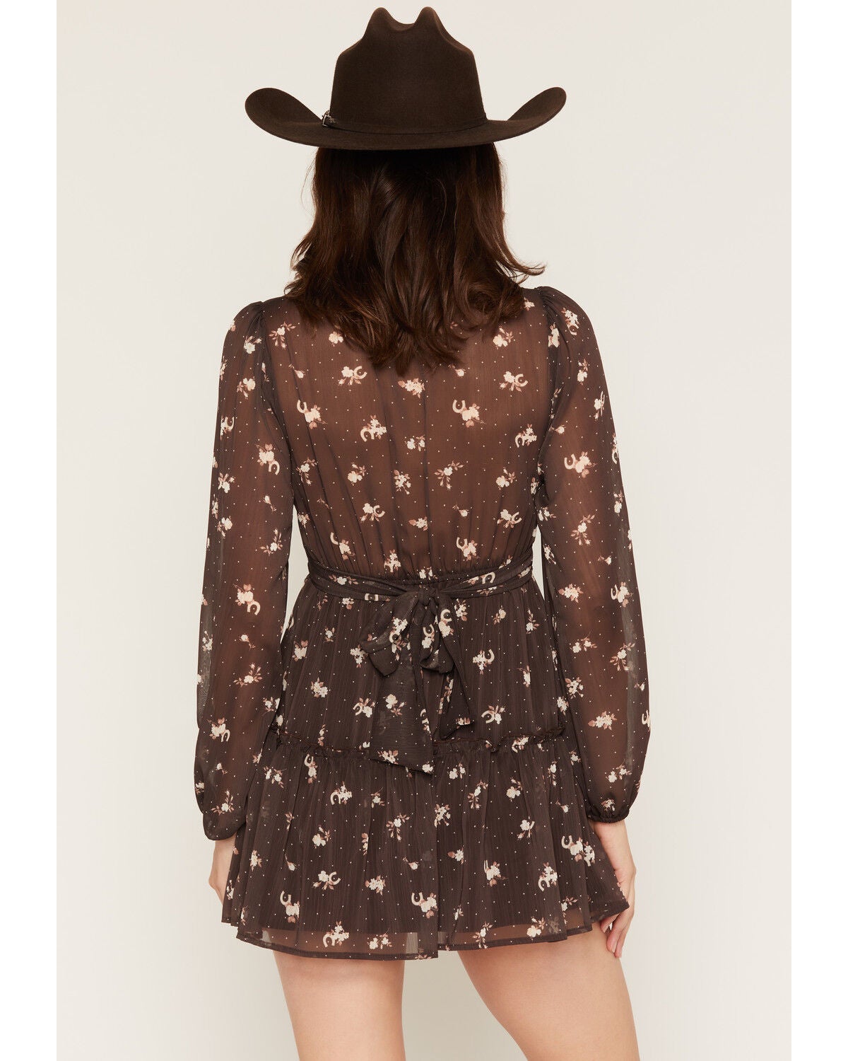 Image #4 - Trixxi Women's Floral Print Polka Dot Long Sleeve Mini Dress, Brown, hi-res