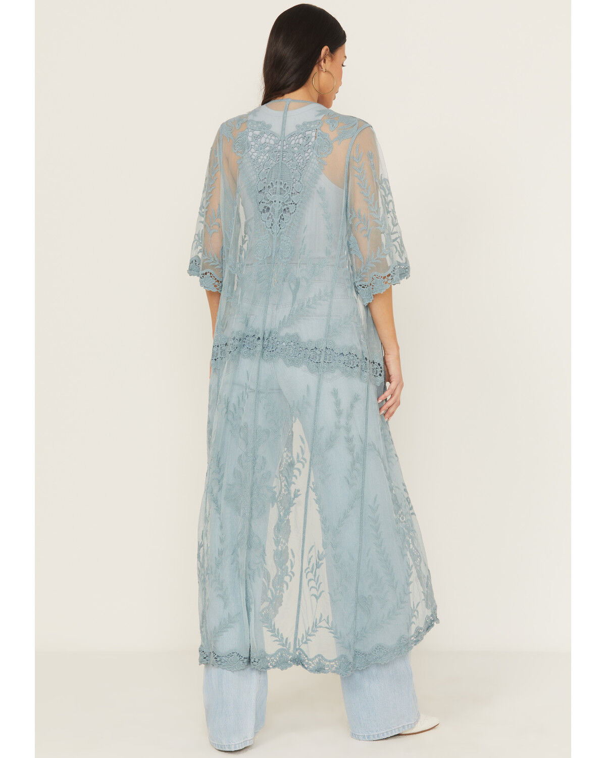 Image #4 - Shyanne Women's Long Embroidered Mesh Kimono, Aqua, hi-res