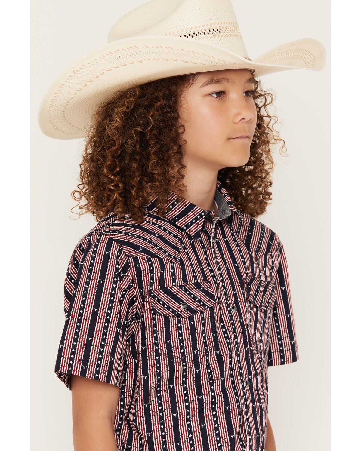 Image #2 - Cody James Boys' Steer Head Stars & Stripes Short Sleeve Snap Western Shirt, Navy, hi-res