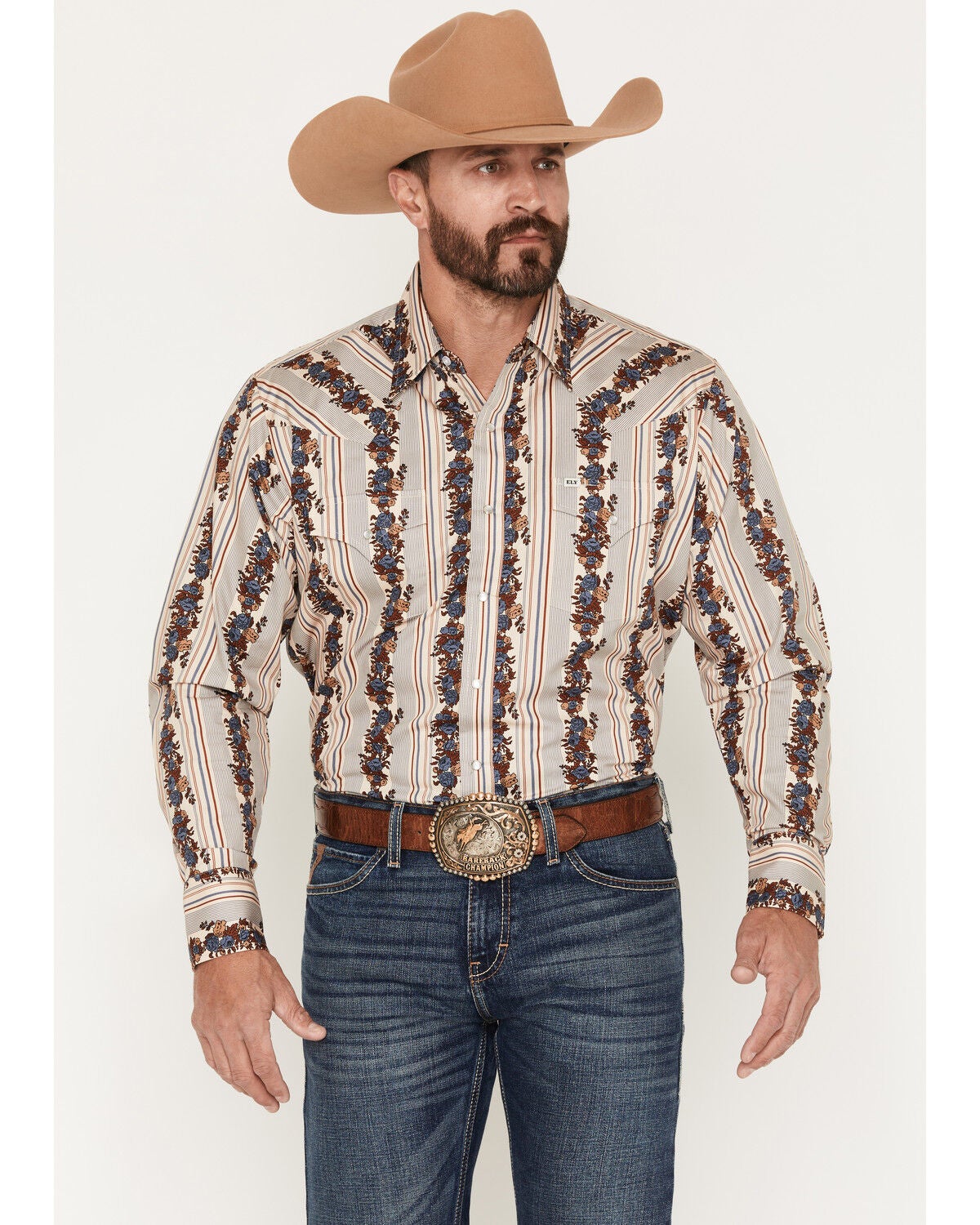 Ely Walker Men's Wallpaper Floral Print Long Sleeve Pearl Snap Western Shirt, Cream, hi-res
