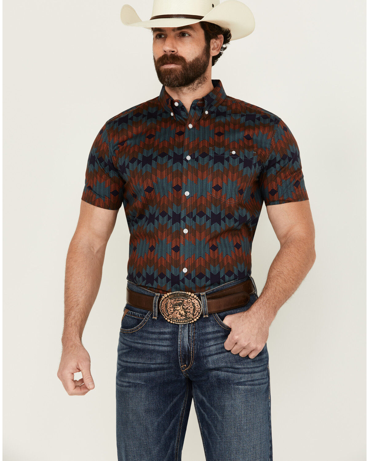 Image #1 - RANK 45® Men's Azrank Southwestern Print Short Sleeve Button-Down Stretch Western Shirt, Teal, hi-res