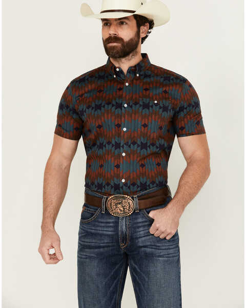 RANK 45® Men's Azrank Southwestern Print Short Sleeve Button-Down Stretch Western Shirt , Teal, hi-res