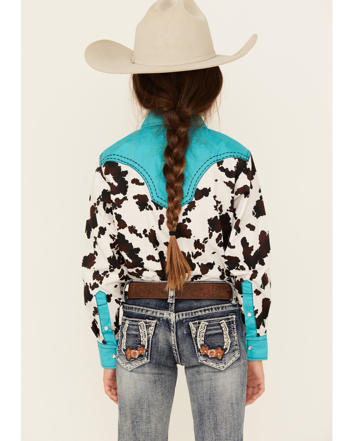 Image #4 - Cowgirl Hardware Girls' Moody Cow Print Long Sleeve Snap Western Shirt, Turquoise, hi-res
