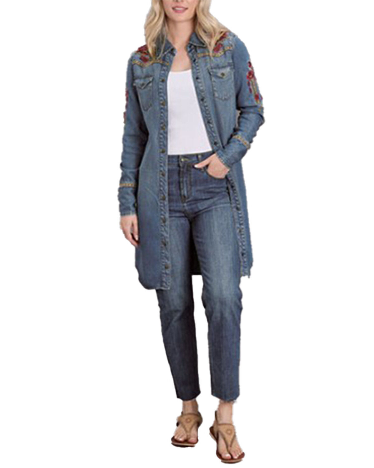 Image #3 - Stetson Women's Medium Wash Long Sleeve Embroidered Snap Denim Mini Dress, Medium Wash, hi-res