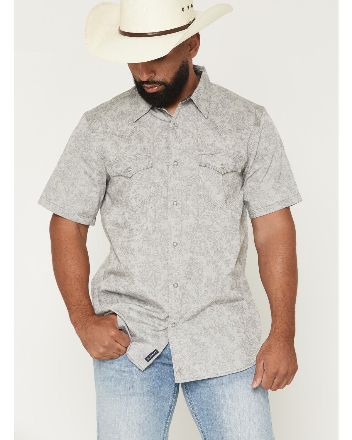 Image #1 - Moonshine Spirit&reg; Men's Silver Strand Paisley Print Short Sleeve Snap Western Shirt, Silver, hi-res