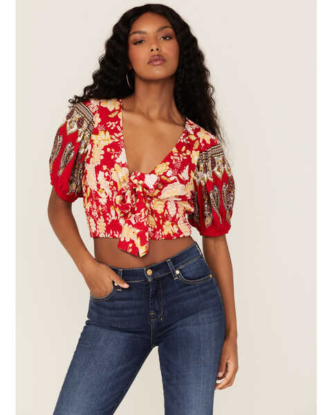 Band of Gypsies Women's Beautiful Noise Floral Print Crop Top, Red, hi-res