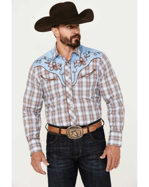 Roper Men's Embroidered Plaid Print Long Sleeve Snap Western Shirt, Light Blue, hi-res