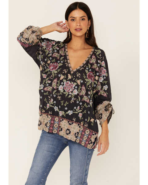 Johnny Was Woman's Graphite Terraine Embroidered Blouse, Charcoal, hi-res