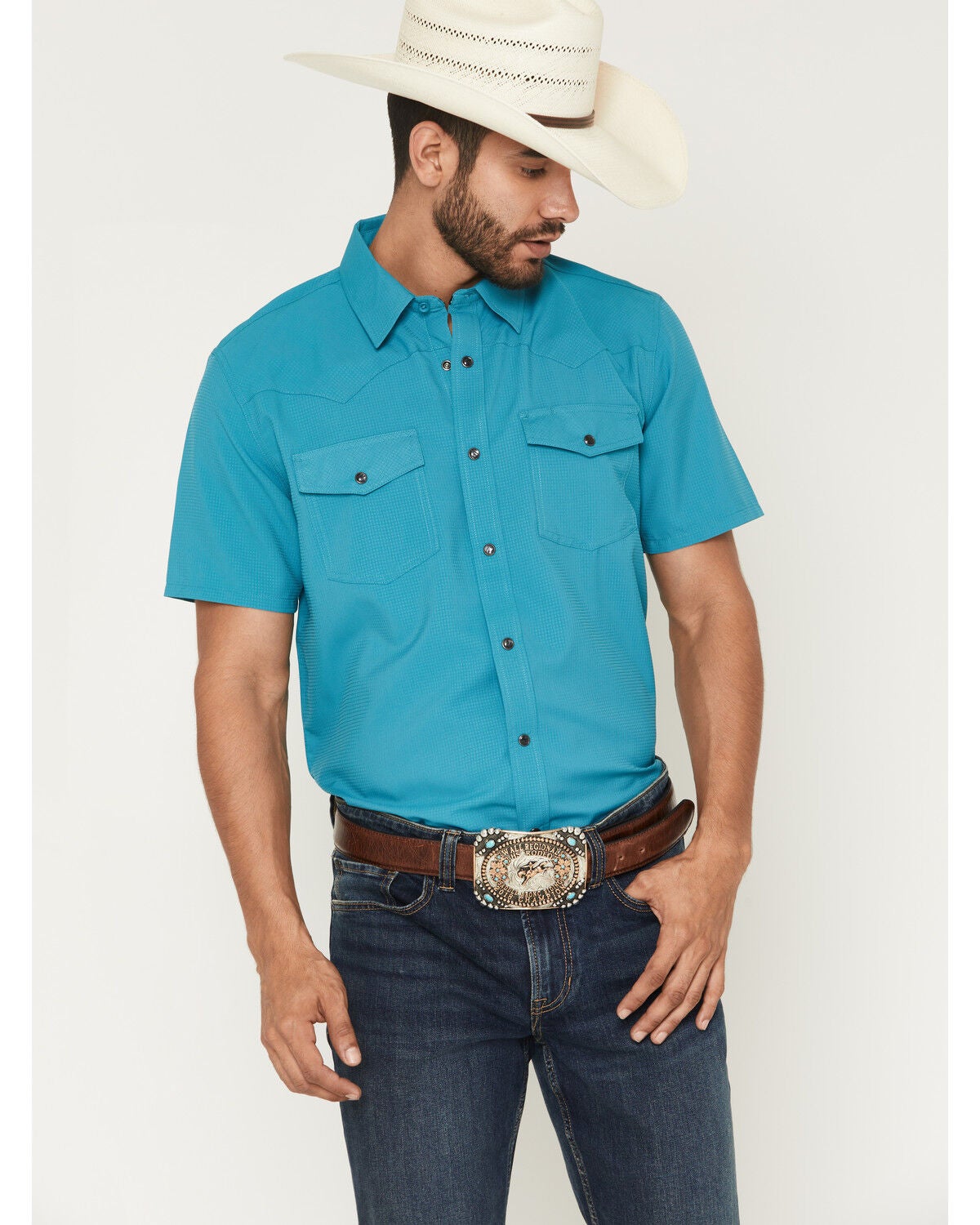 Image #1 - RANK 45&reg; Men's Ridge Solid Short Sleeve Snap Performance Shirt, Teal, hi-res