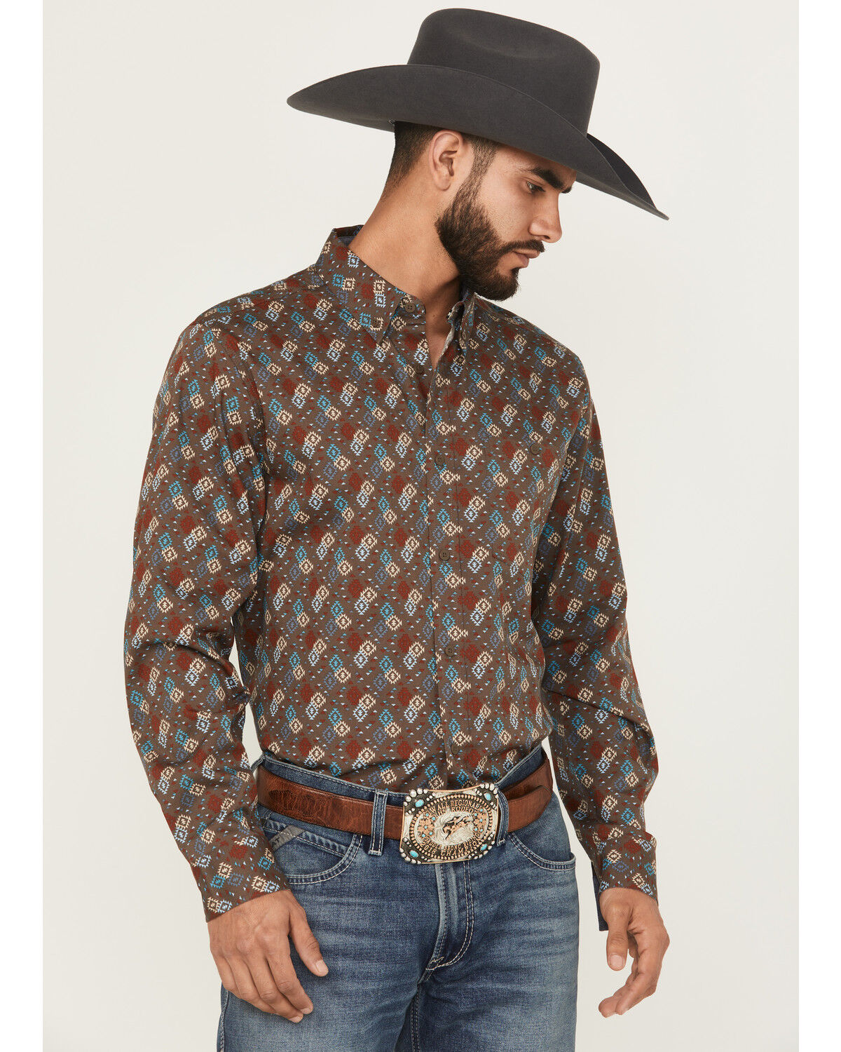 Image #1 - RANK 45® Men's Hudson Geo Southwestern Print Long Sleeve Button-Down Stretch Western Shirt, Brown, hi-res
