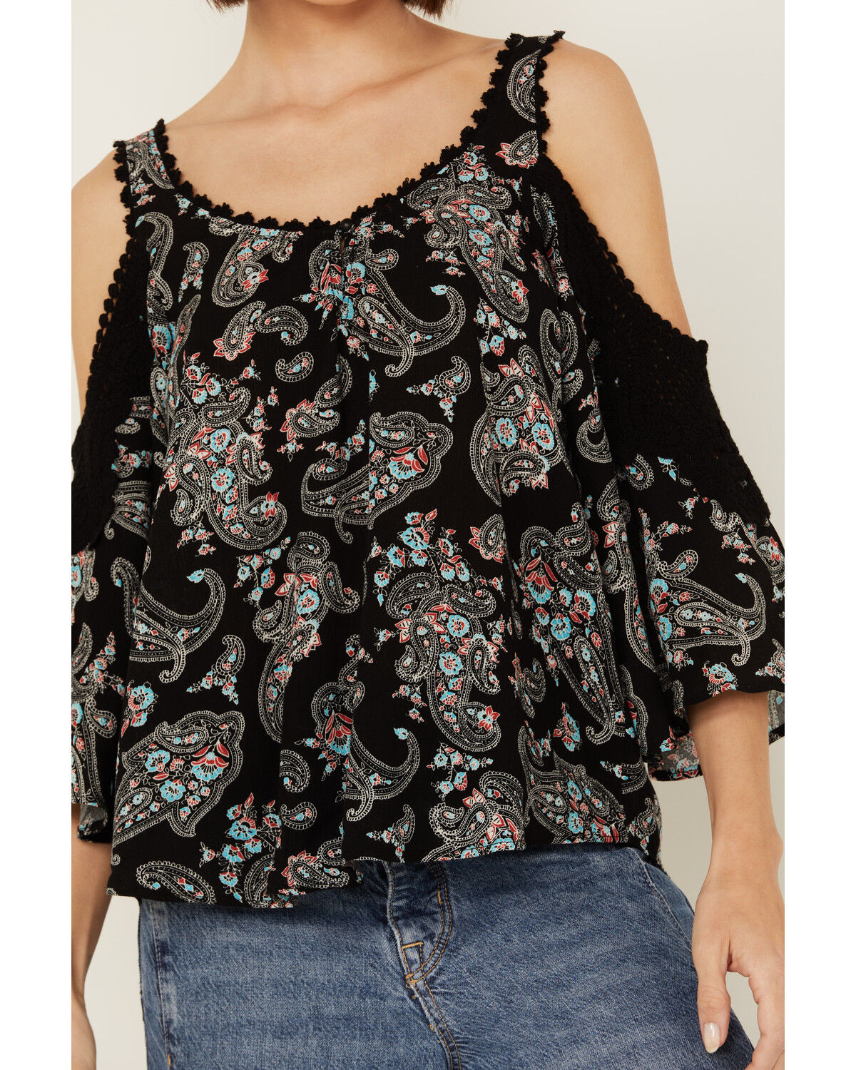 Image #3 - Wild Moss Women's Paisley Print Crochet Cold Shoulder Top, Black, hi-res