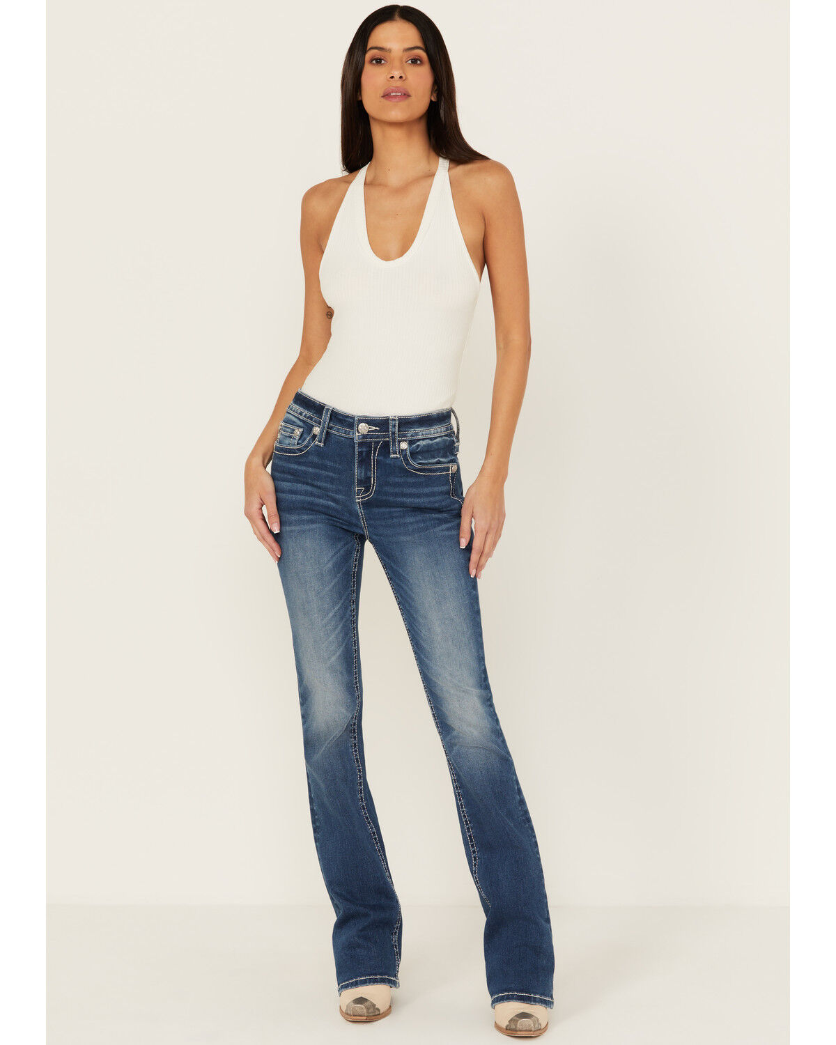 Image #3 - Miss Me Women's Dark Wash Mid Rise Faux Cowhide Longhorn Bootcut Stretch Denim Jeans, Dark Wash, hi-res