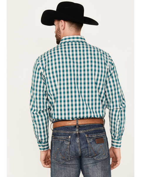 Image #4 - Panhandle Men's Select Checkered Print Long Sleeve Snap Western Shirt - Tall, Teal, hi-res